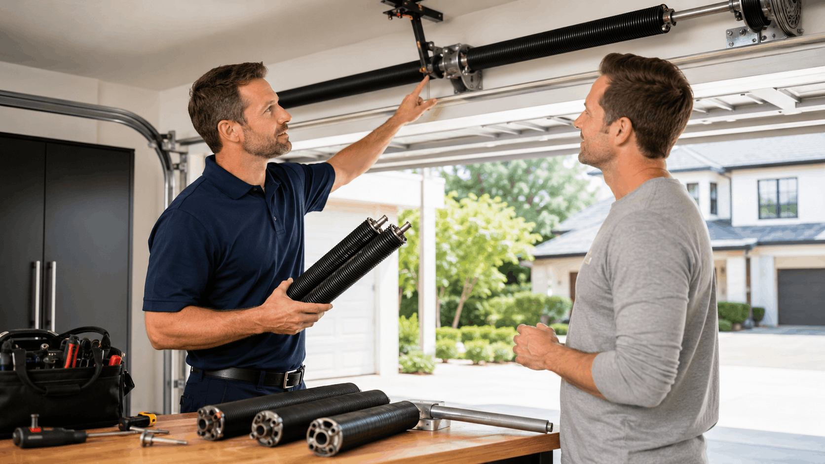 Garage door technician explaining torsion spring replacement options to Irvine homeowner