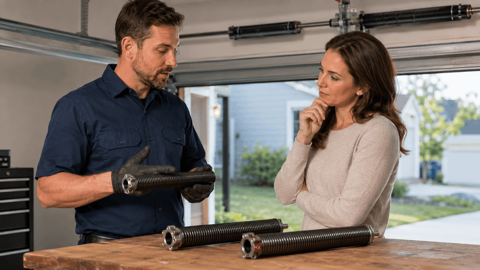 Garage door technician showing homeowner worn torsion springs needing replacement in Irvine