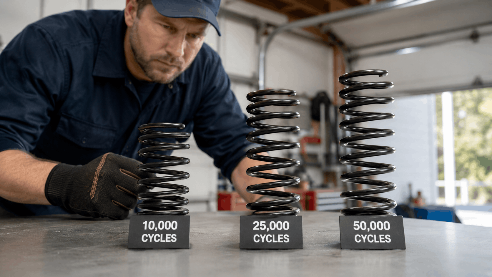 Mechanic comparing three garage door springs rated 10000 25000 and 50000 cycles