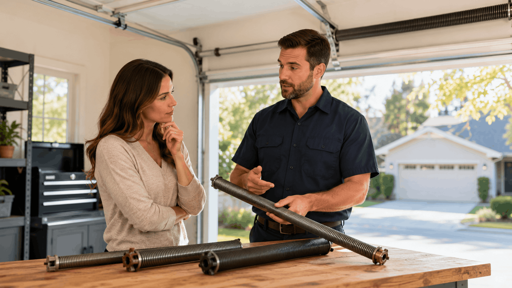 Garage door technician showing torsion springs to homeowner in Irvine garage