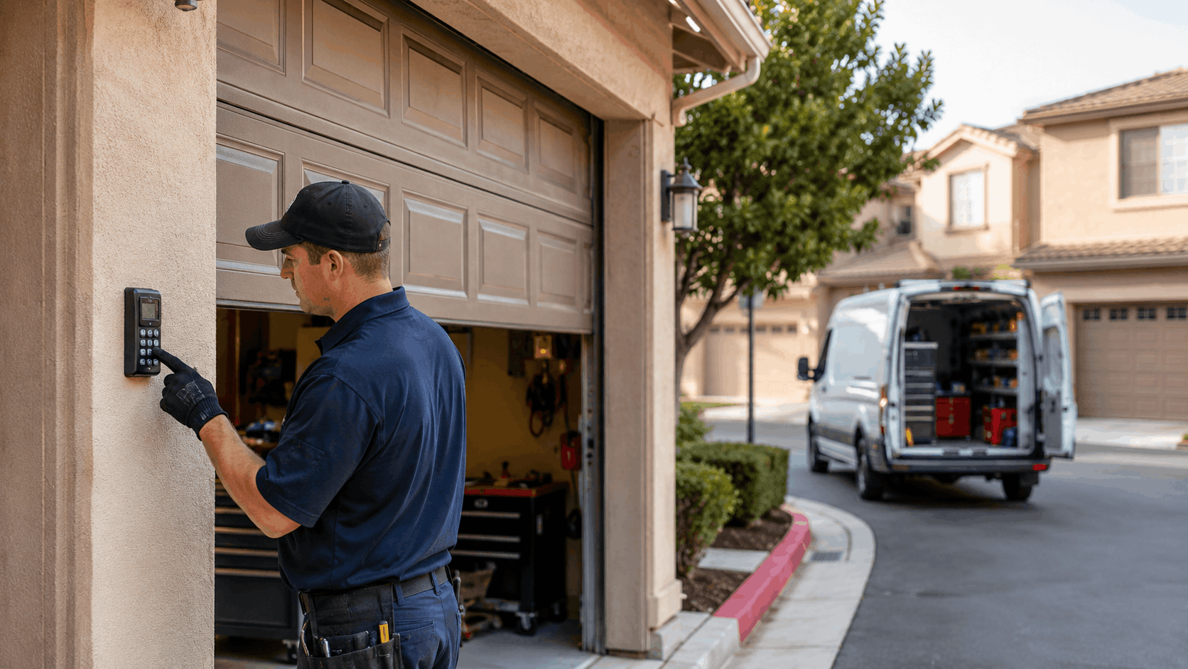 Garage door technician programming keypad on residential home in Irvine neighborhood