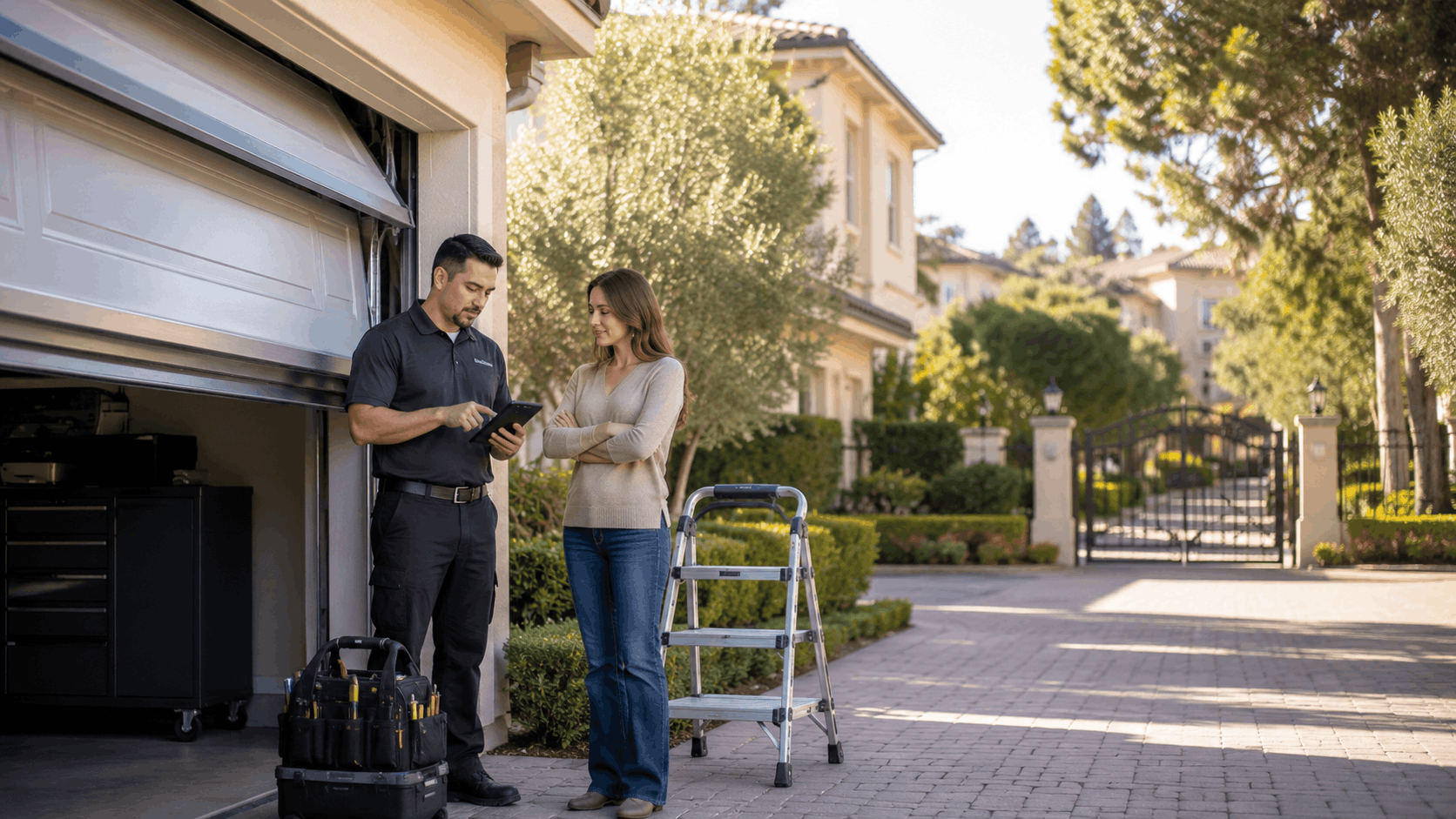 Garage door technician showing repair estimate to homeowner on tablet in Irvine driveway