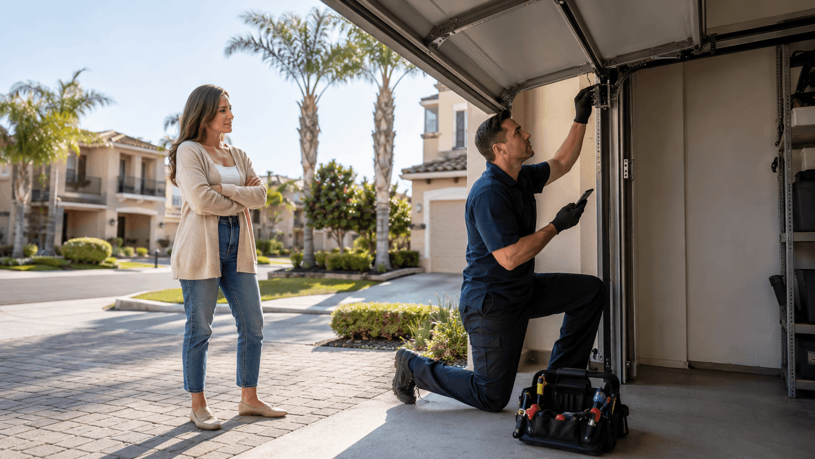 Homeowner watching technician repair garage door tracks in Irvine suburban neighborhood