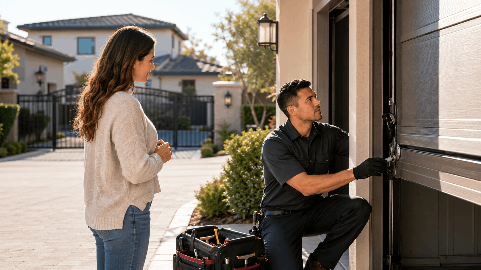 Garage door technician repairing Irvine home door while homeowner watches nearby