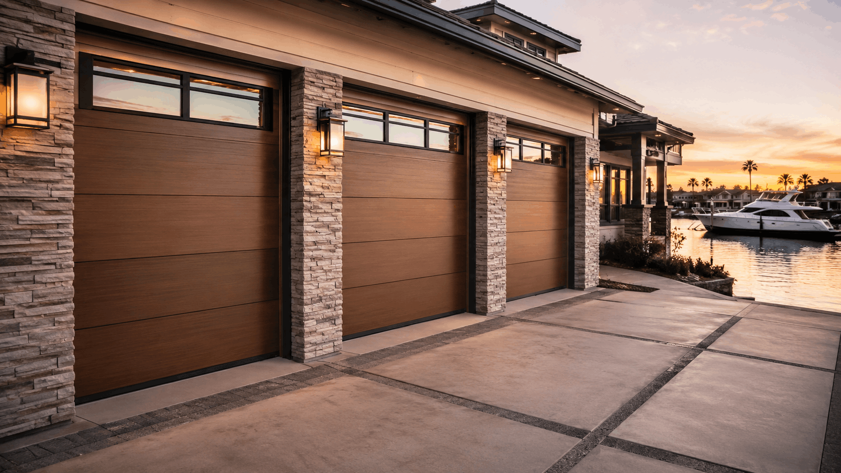 Luxury waterfront home triple garage doors with wood-grain finish at sunset Irvine