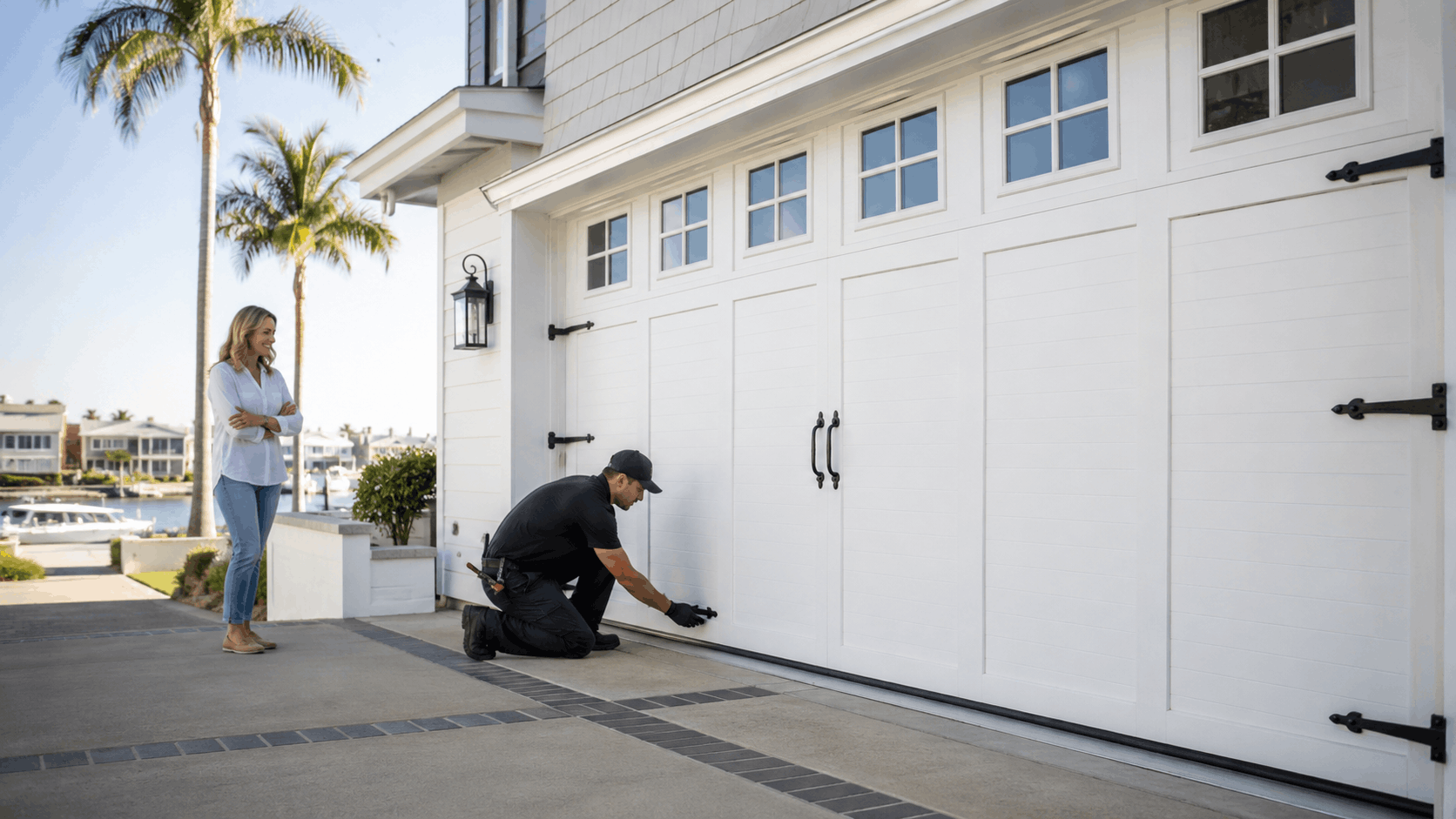 Garage door technician inspecting bottom seal of white waterfront home in Irvine