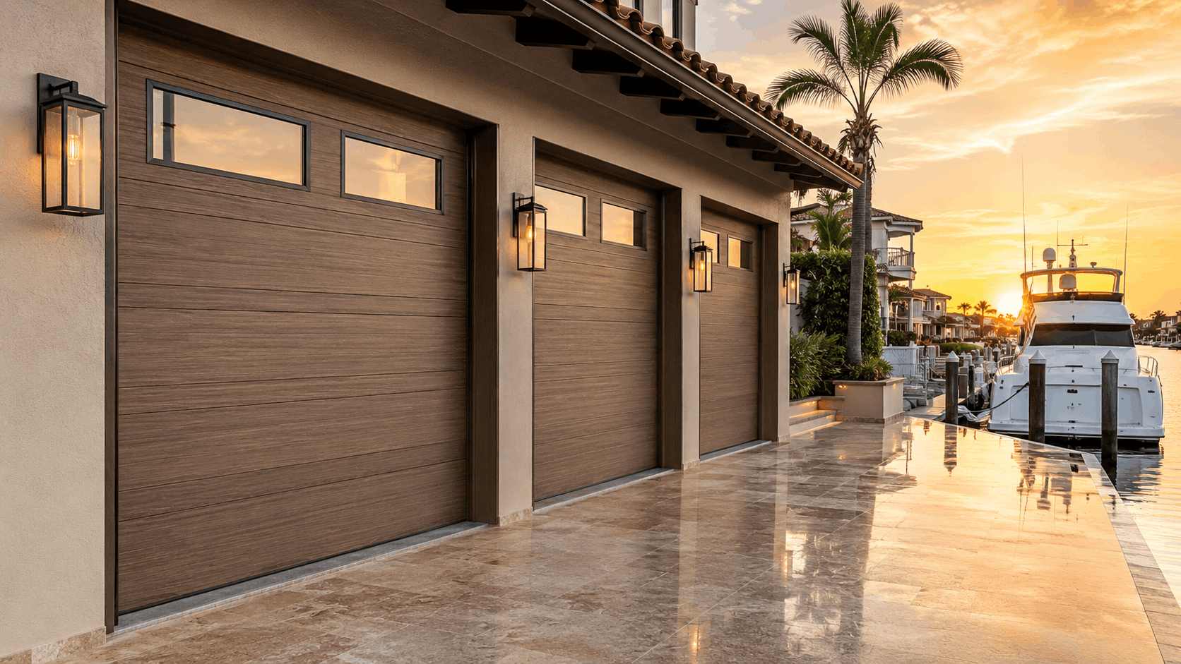 Luxury waterfront home with three wood-grain garage doors at sunset in Huntington Harbour