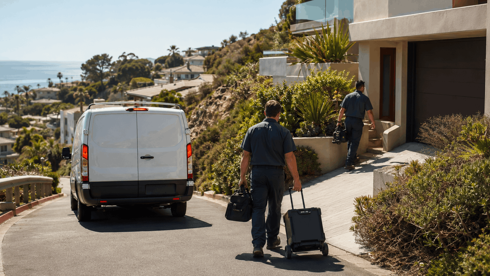 Two garage door technicians carrying tools approaching hillside canyon home with service van