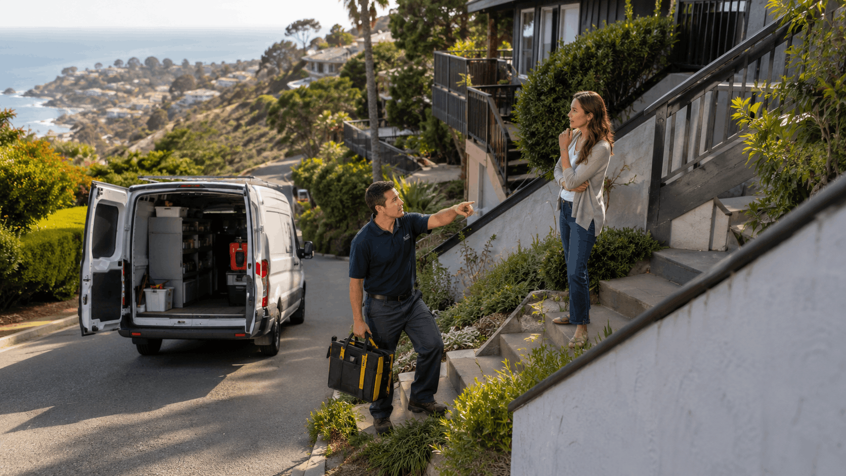Garage door technician with toolbox pointing at hillside home while consulting homeowner on stairs
