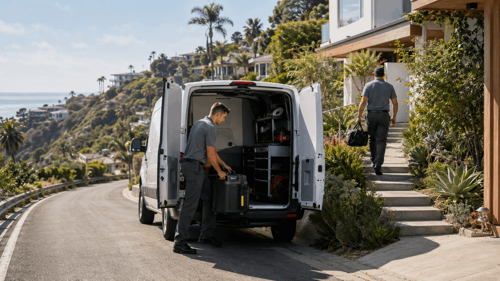 Garage door technicians unloading equipment from service van at hillside Irvine home