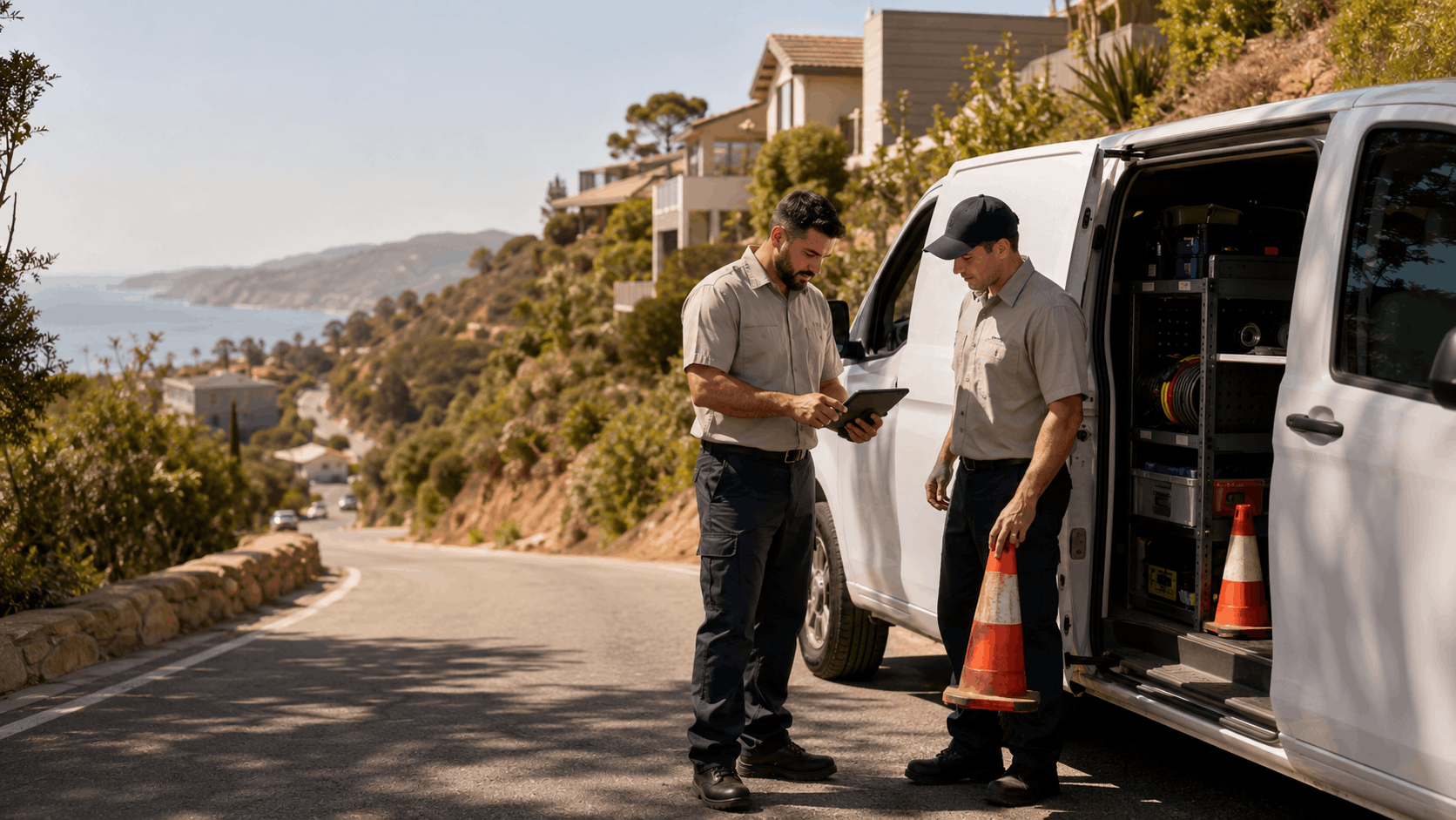 Two garage door technicians reviewing tablet beside service van on scenic canyon road Irvine