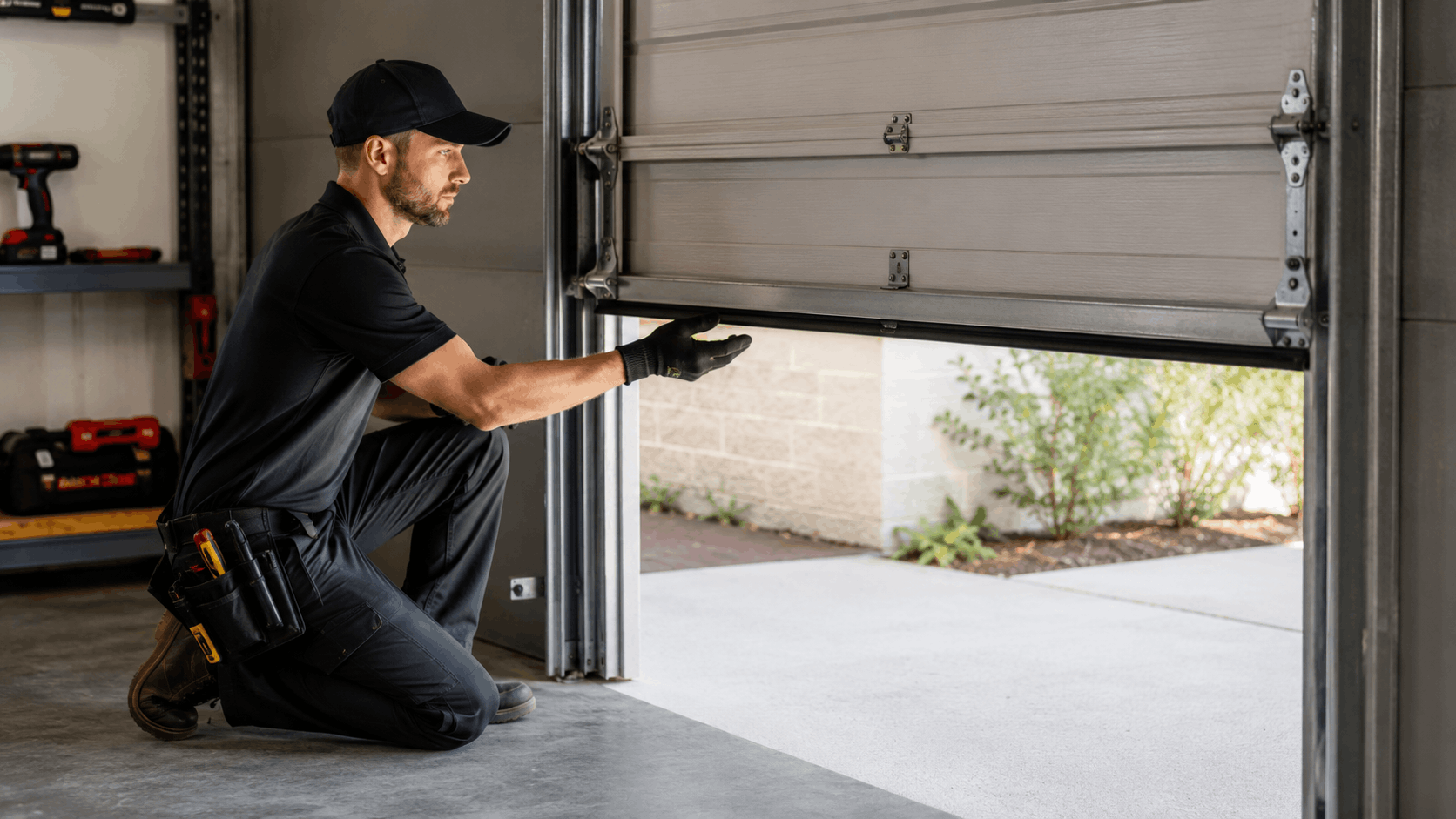 Garage door technician kneeling to balance and inspect sectional garage door in Irvine