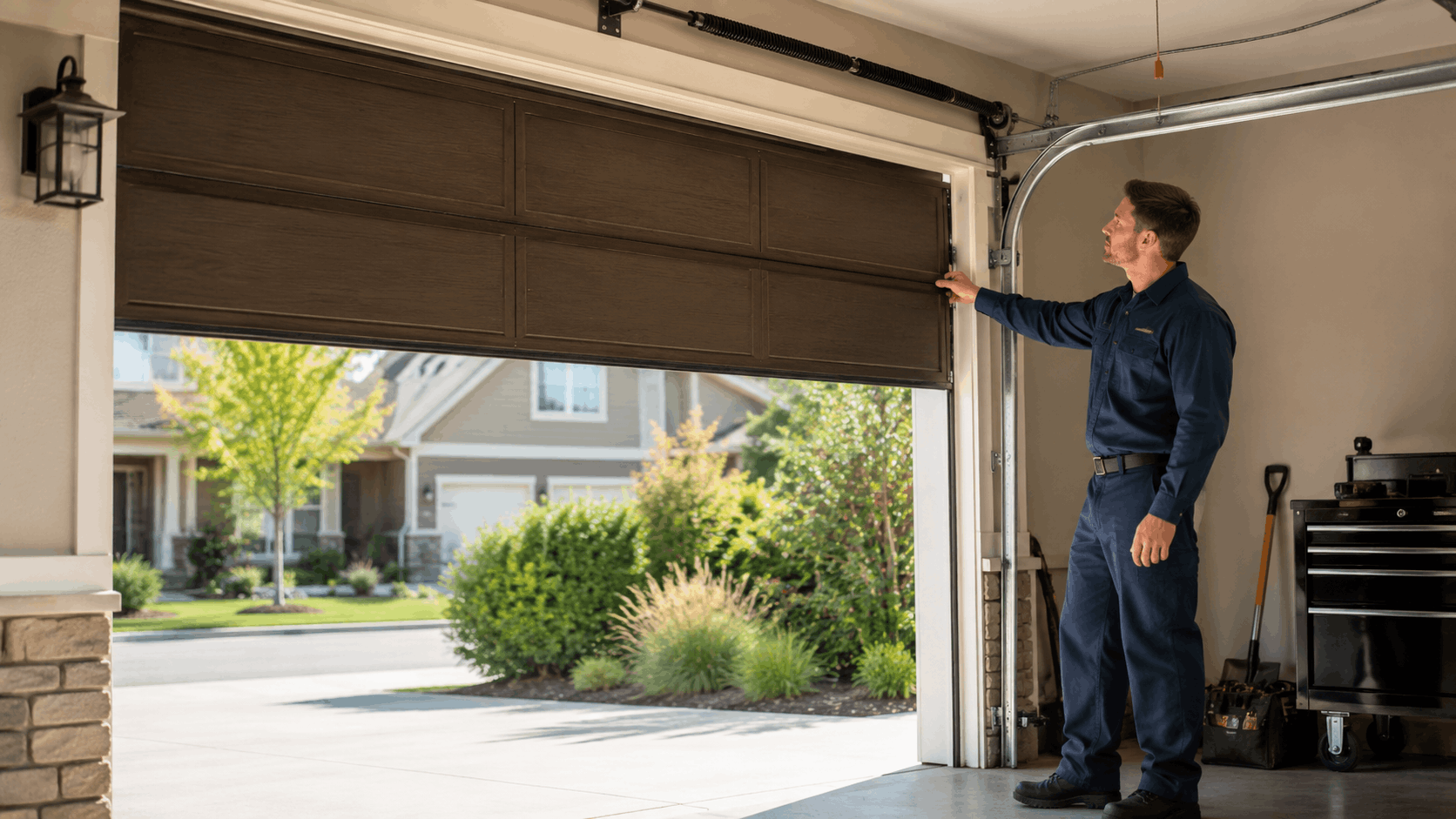 Garage door technician in navy uniform inspecting half-open brown sectional garage door