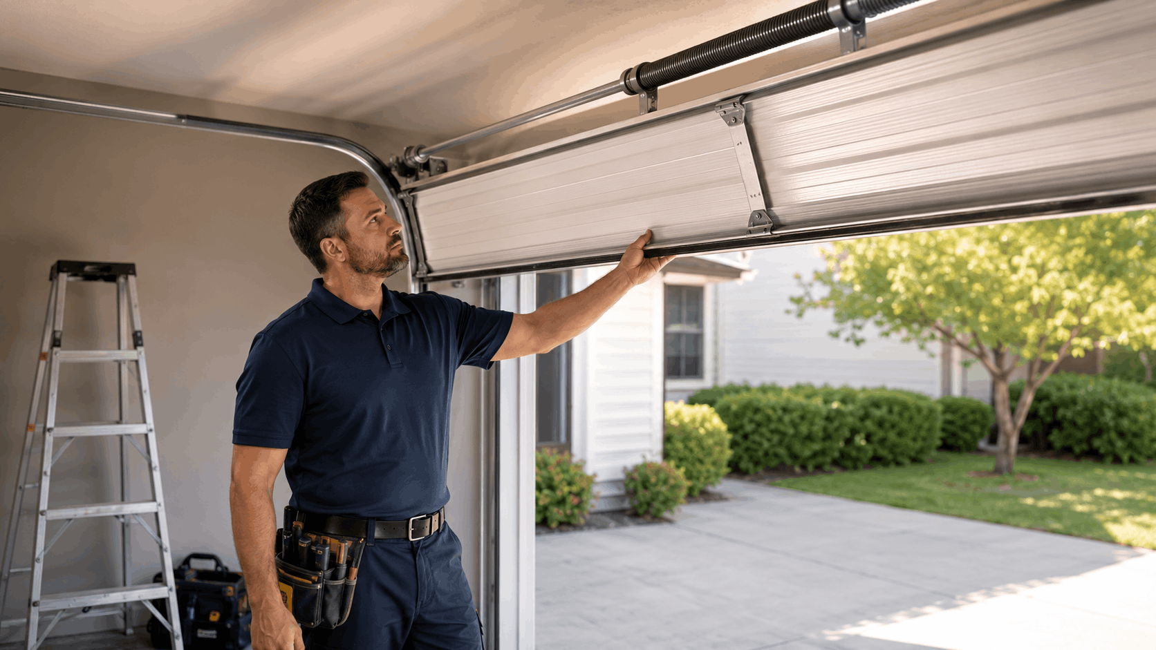 Garage door technician inspecting overhead door balance and spring system in Irvine home