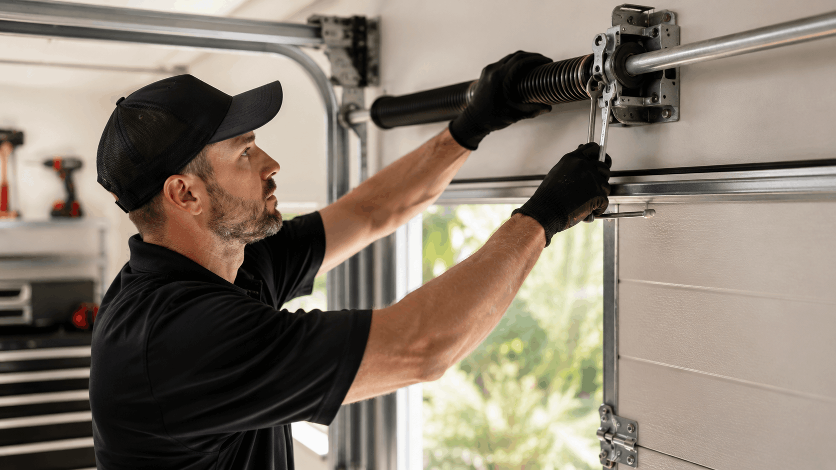 Garage door technician repairing torsion spring system in Irvine home