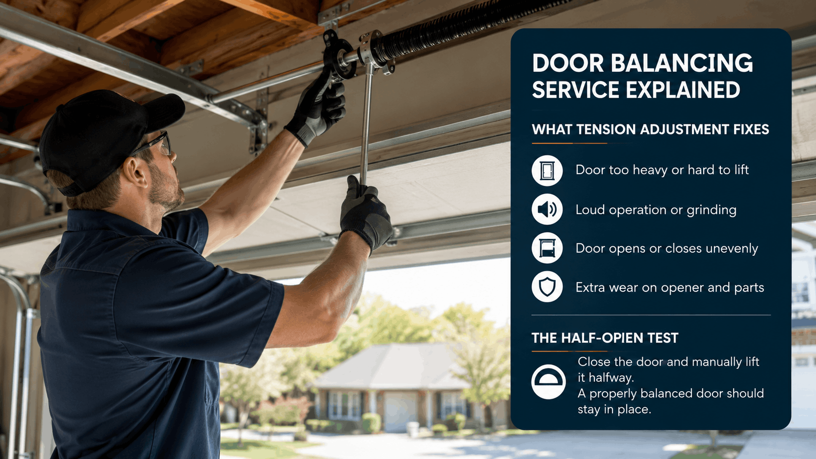 Garage door technician adjusting torsion spring tension for balanced door operation Irvine