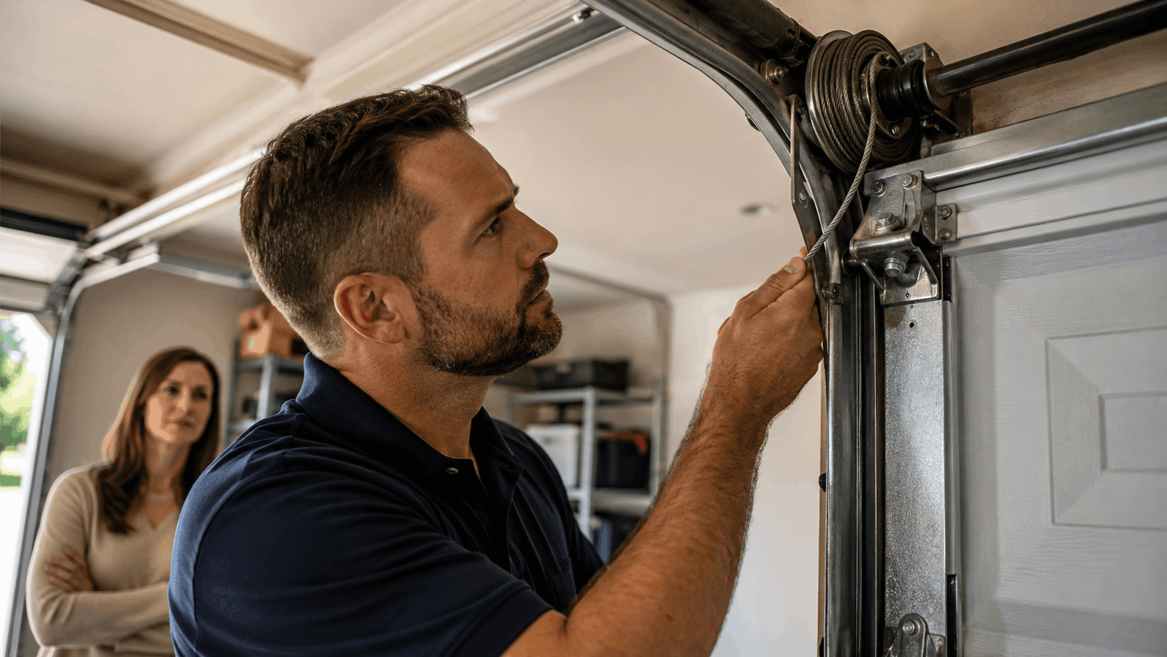 Technician inspecting garage door cable drum and wire cables in Irvine home