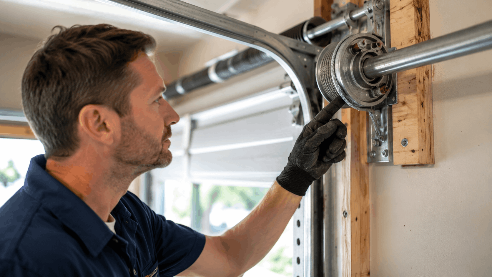Garage door technician inspecting cable drum and torsion spring system in Irvine home