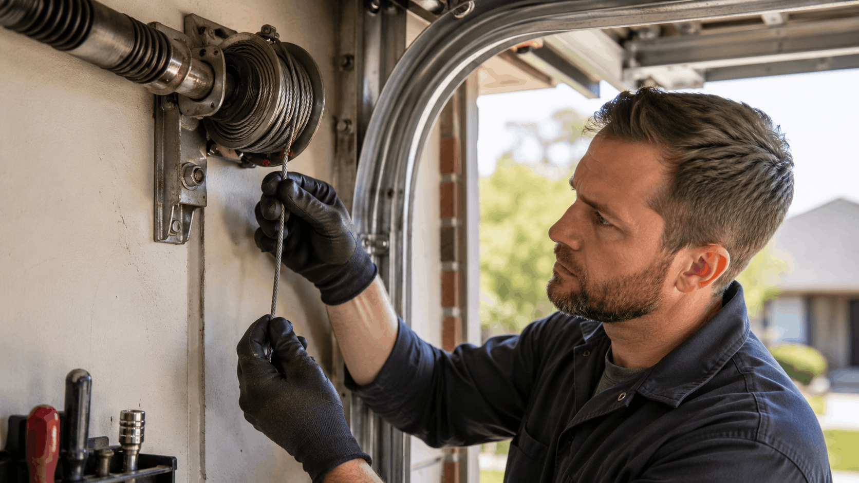 Garage door technician repairing worn cable and drum system in Irvine home