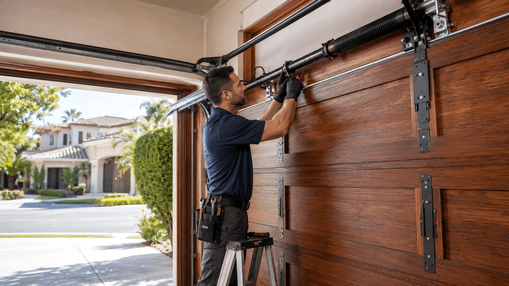 Garage door technician repairing torsion springs on heavy wooden door in Irvine