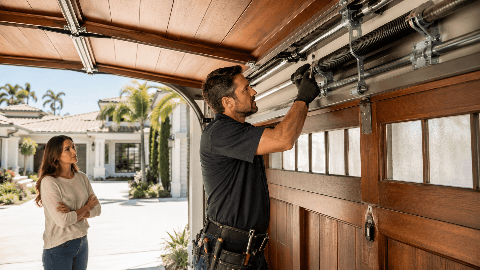 Garage door technician repairing torsion springs on wooden door in Irvine home