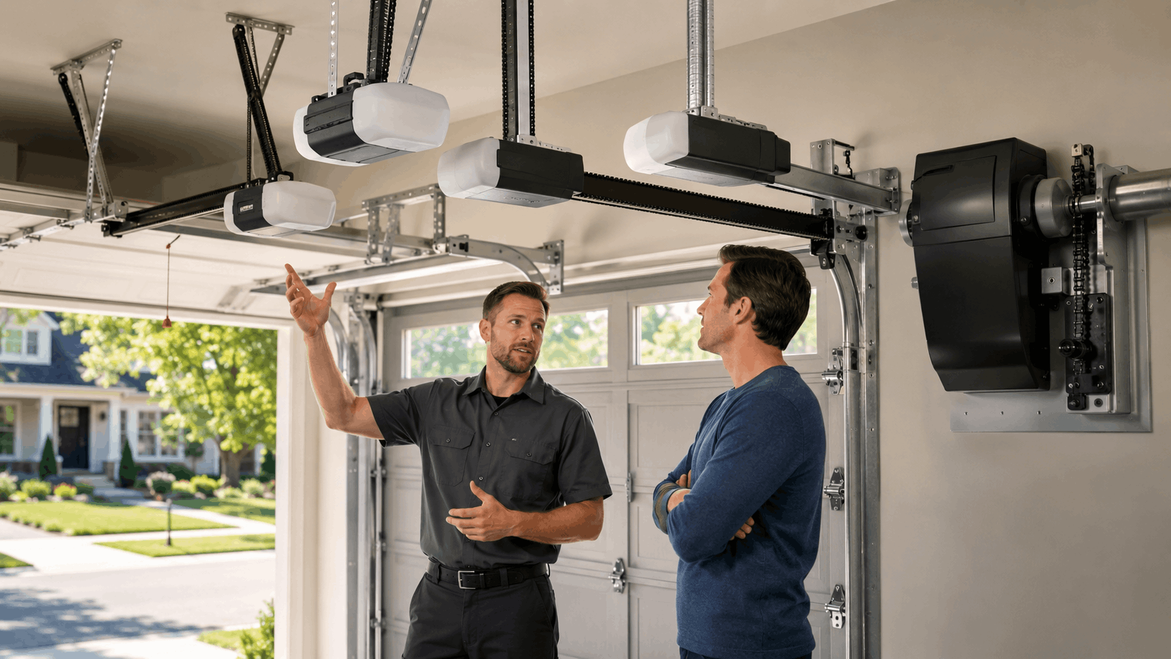 Garage door technician explaining drive systems to homeowner inside Irvine garage