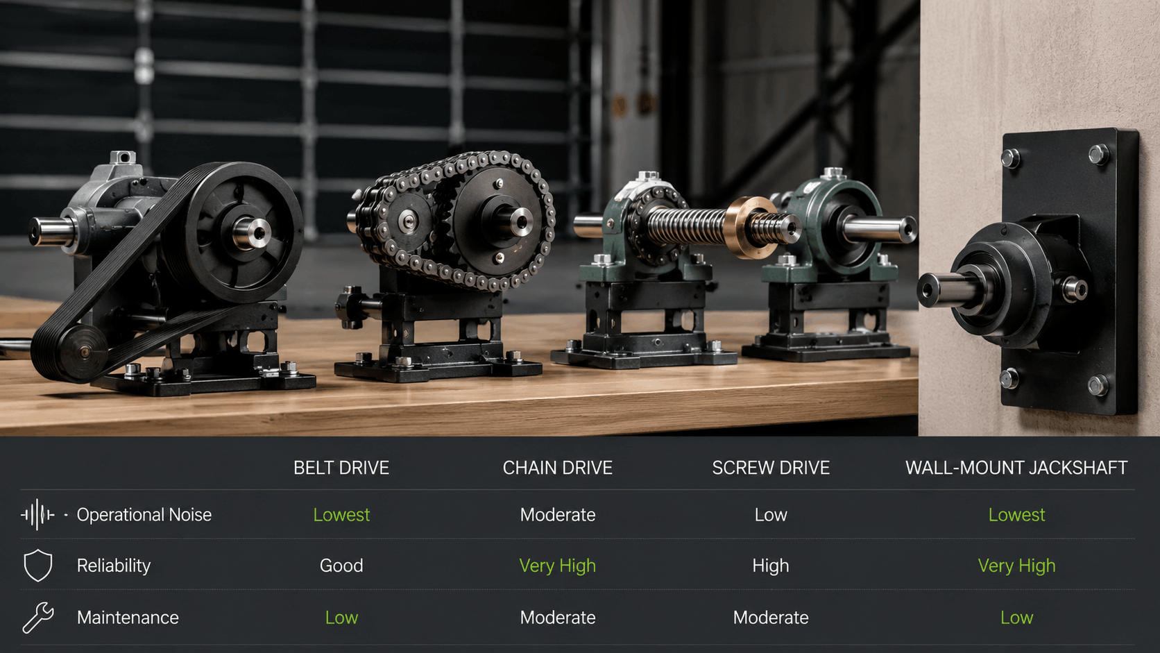 Comparison chart of belt drive chain drive screw drive and wall-mount jackshaft garage door openers