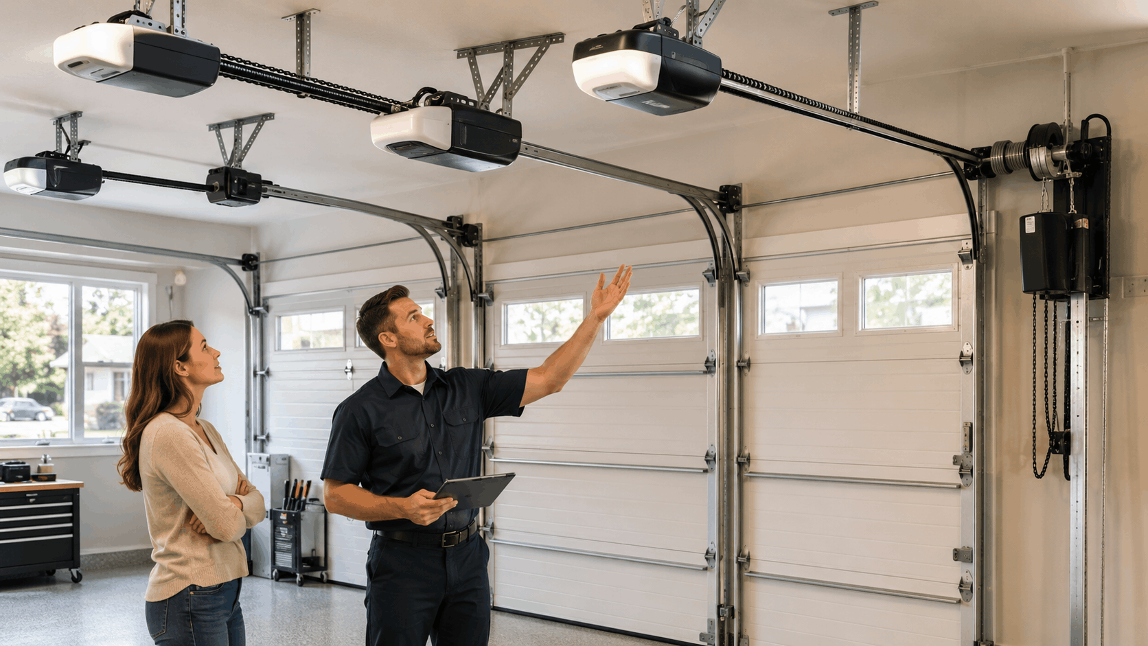 Garage technician explaining wall-mount jackshaft drive system to Irvine homeowner