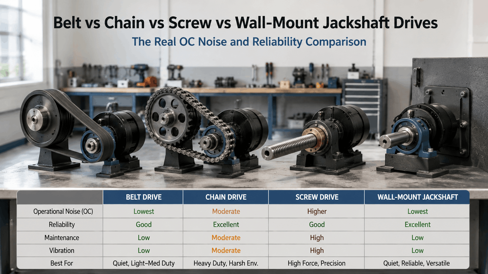 Comparison chart of belt chain screw and wall-mount jackshaft garage door drives