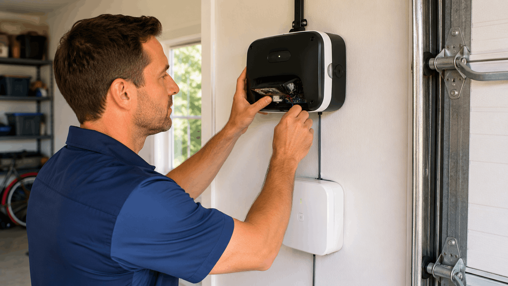 Technician installing myQ smart garage door opener device on wall in Irvine home