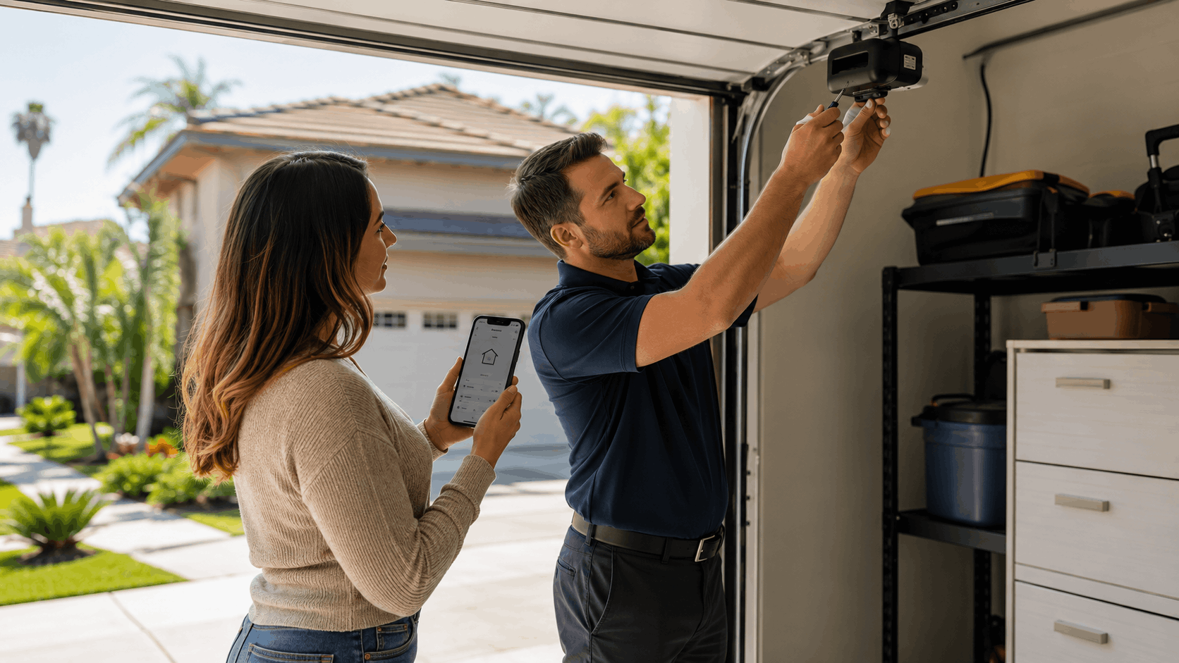 Technician installing myQ smart garage door opener while Irvine homeowner monitors app