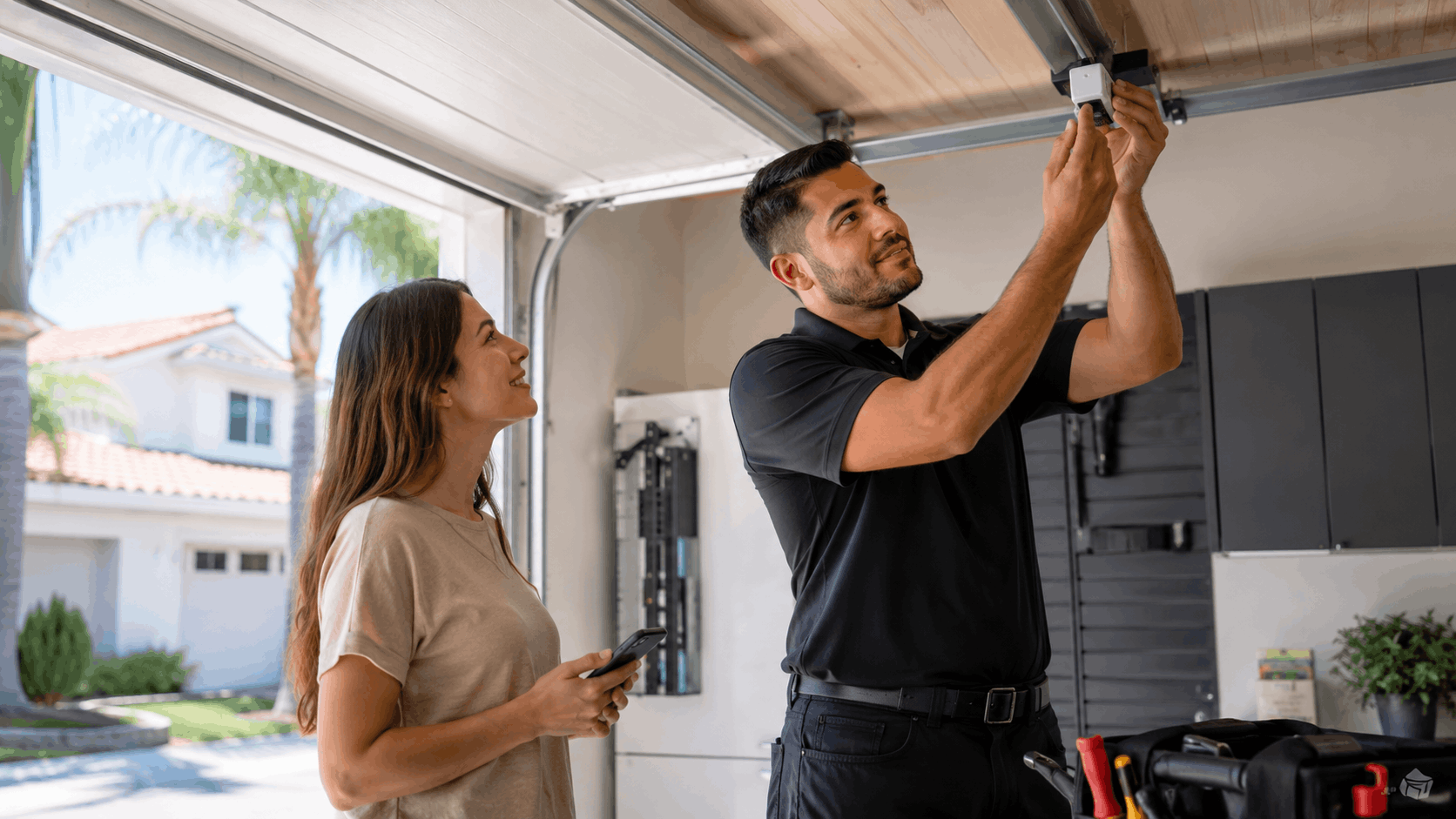 Garage door technician installing opener mechanism while homeowner watches in Irvine garage