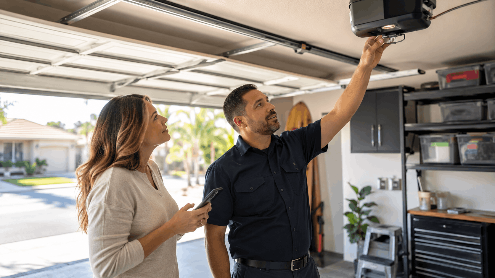 Garage door technician explaining opener mechanism to homeowner in Irvine suburban garage