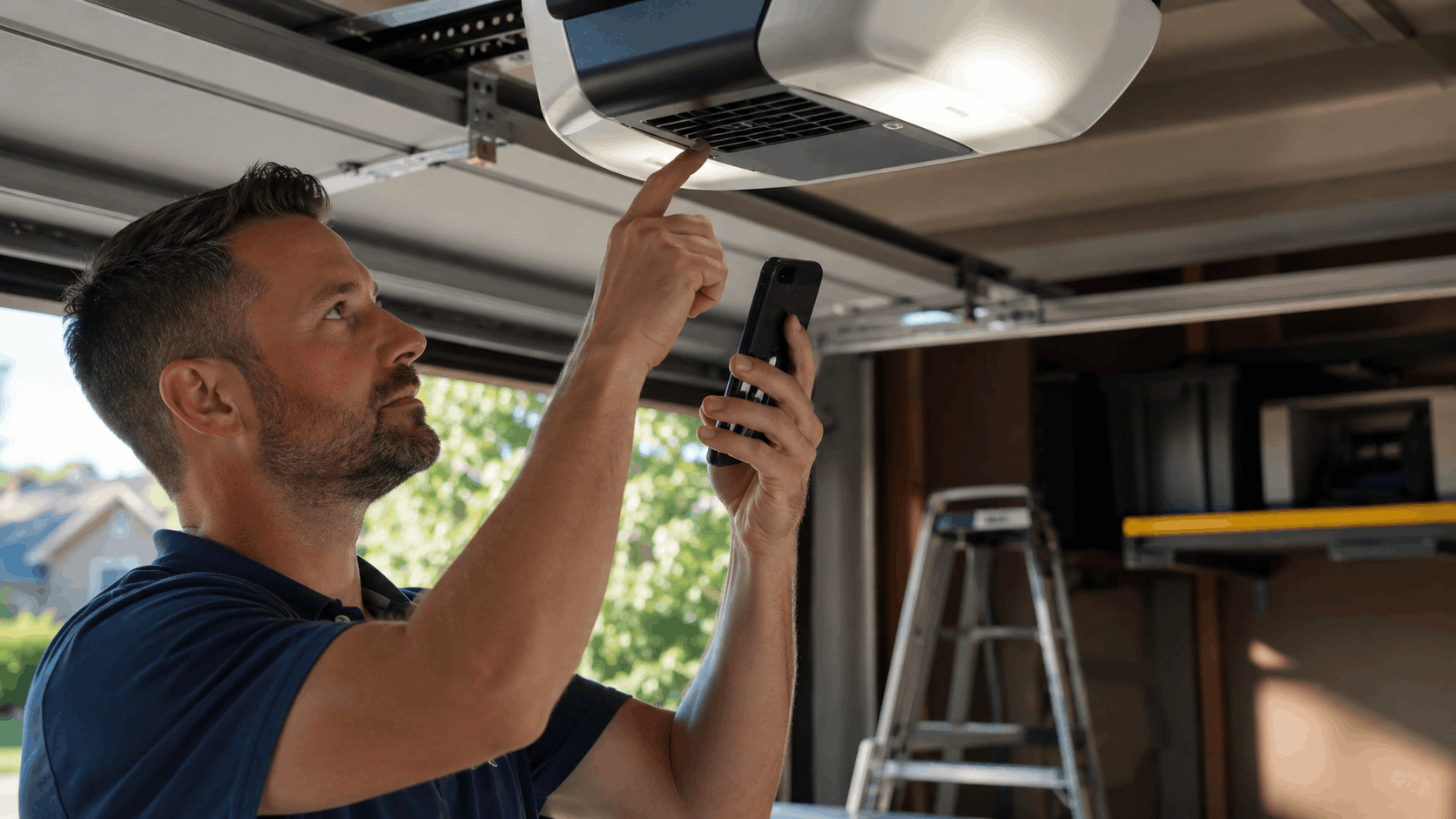 Technician using smartphone to program smart garage door opener in Irvine home