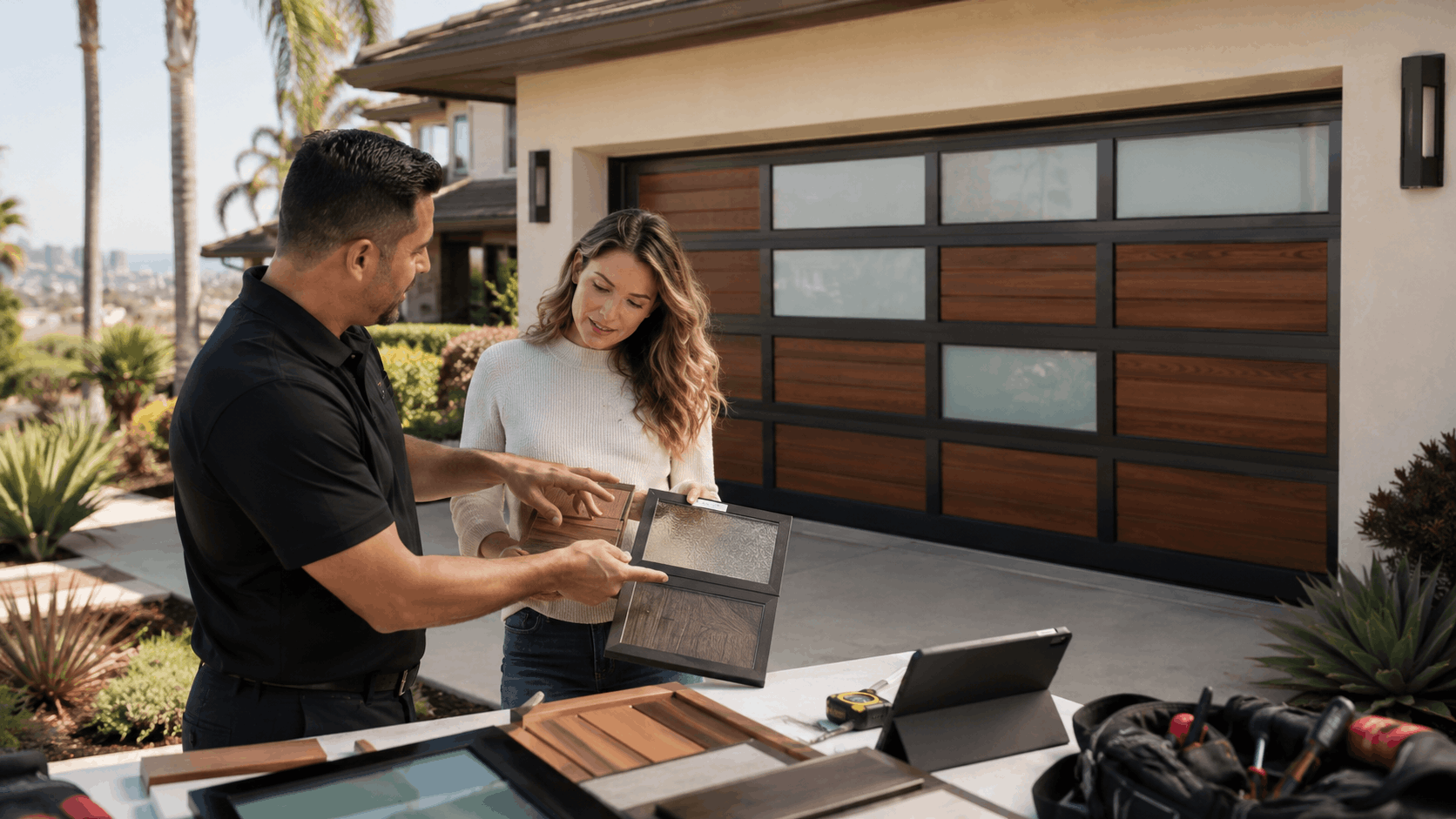 Garage door specialist showing custom wood and glass samples to Irvine homeowner