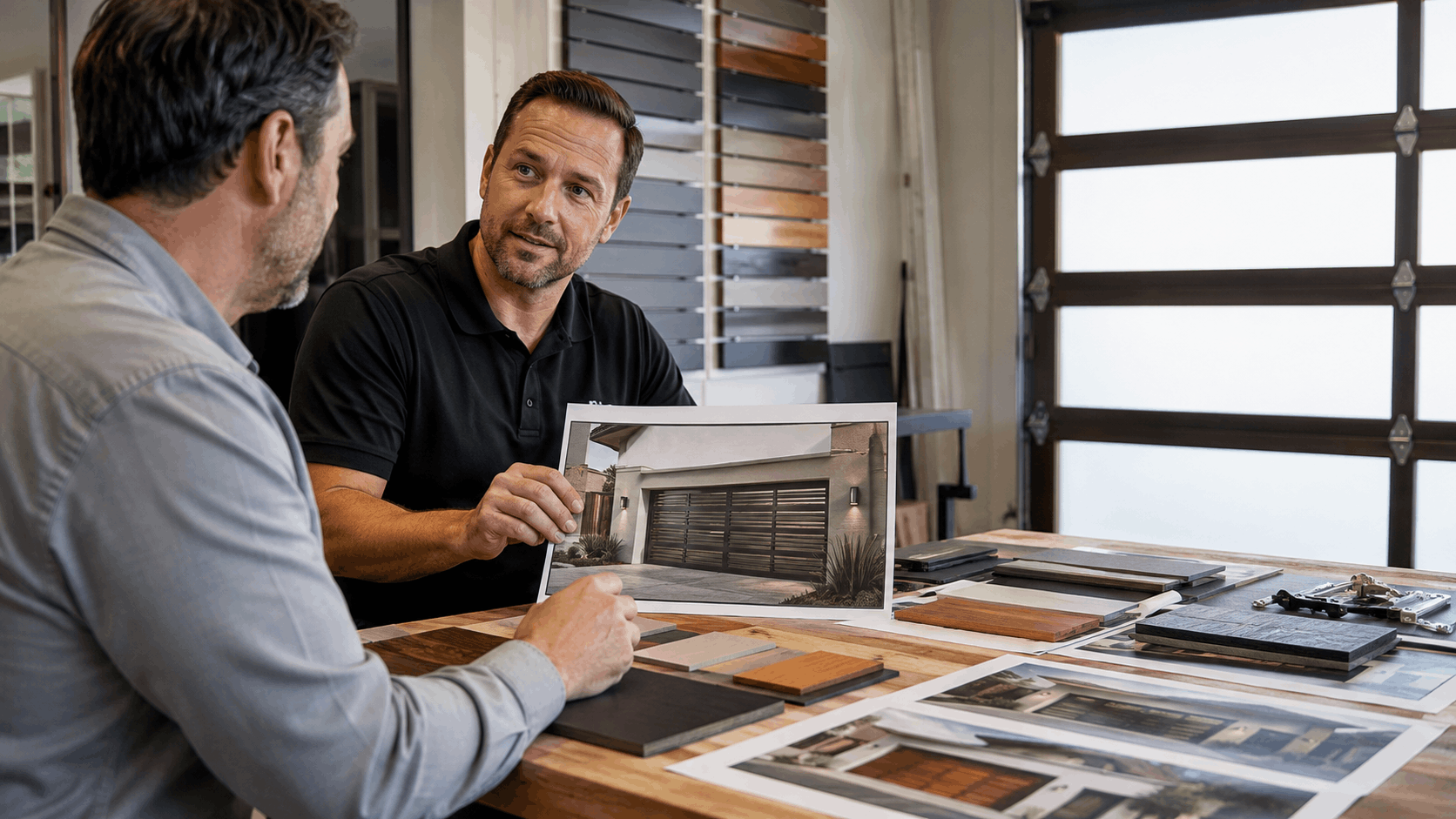 Garage door consultant showing material samples and design photos to client in showroom
