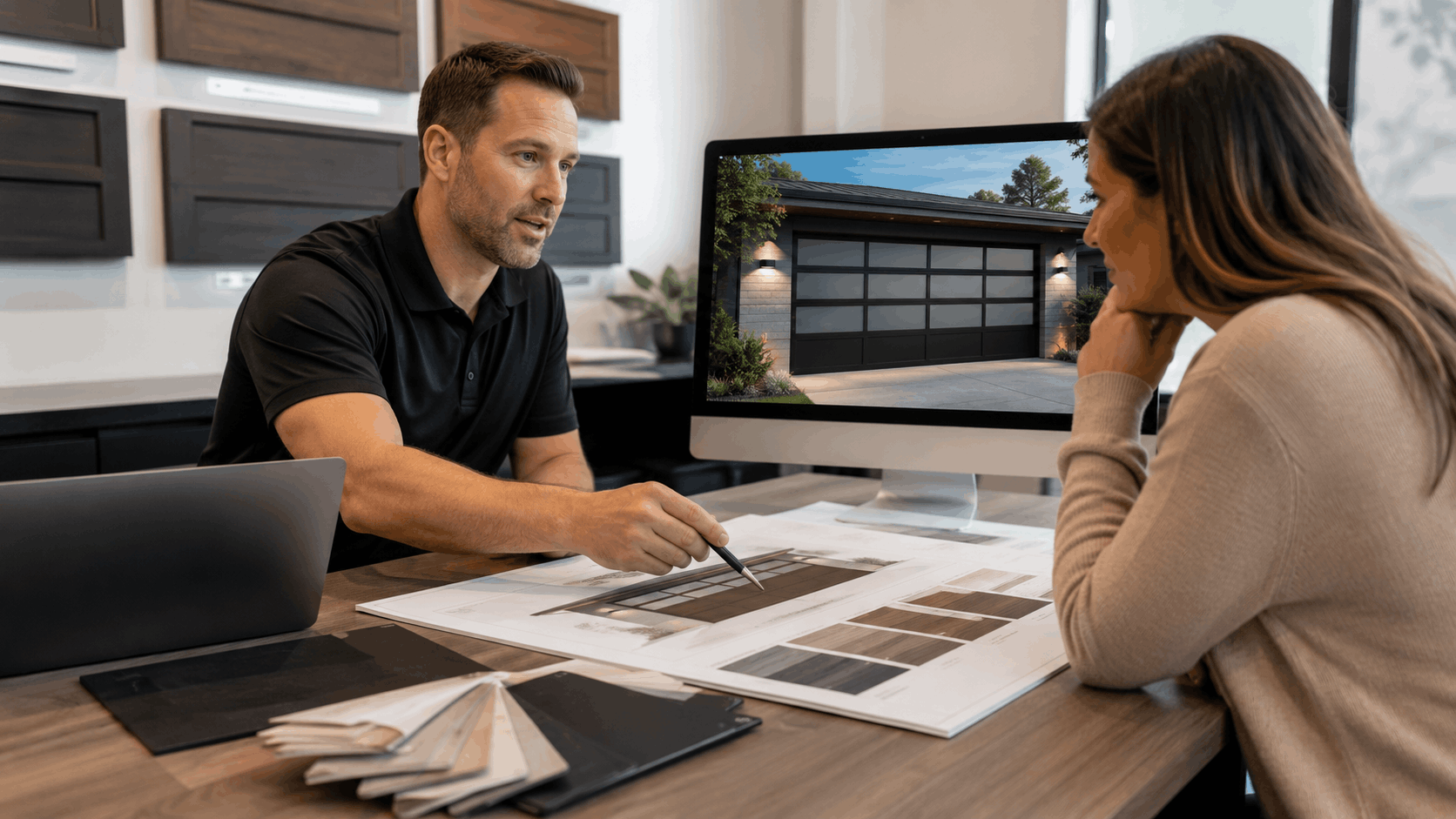 Garage door consultant reviewing custom door samples with client in Irvine showroom