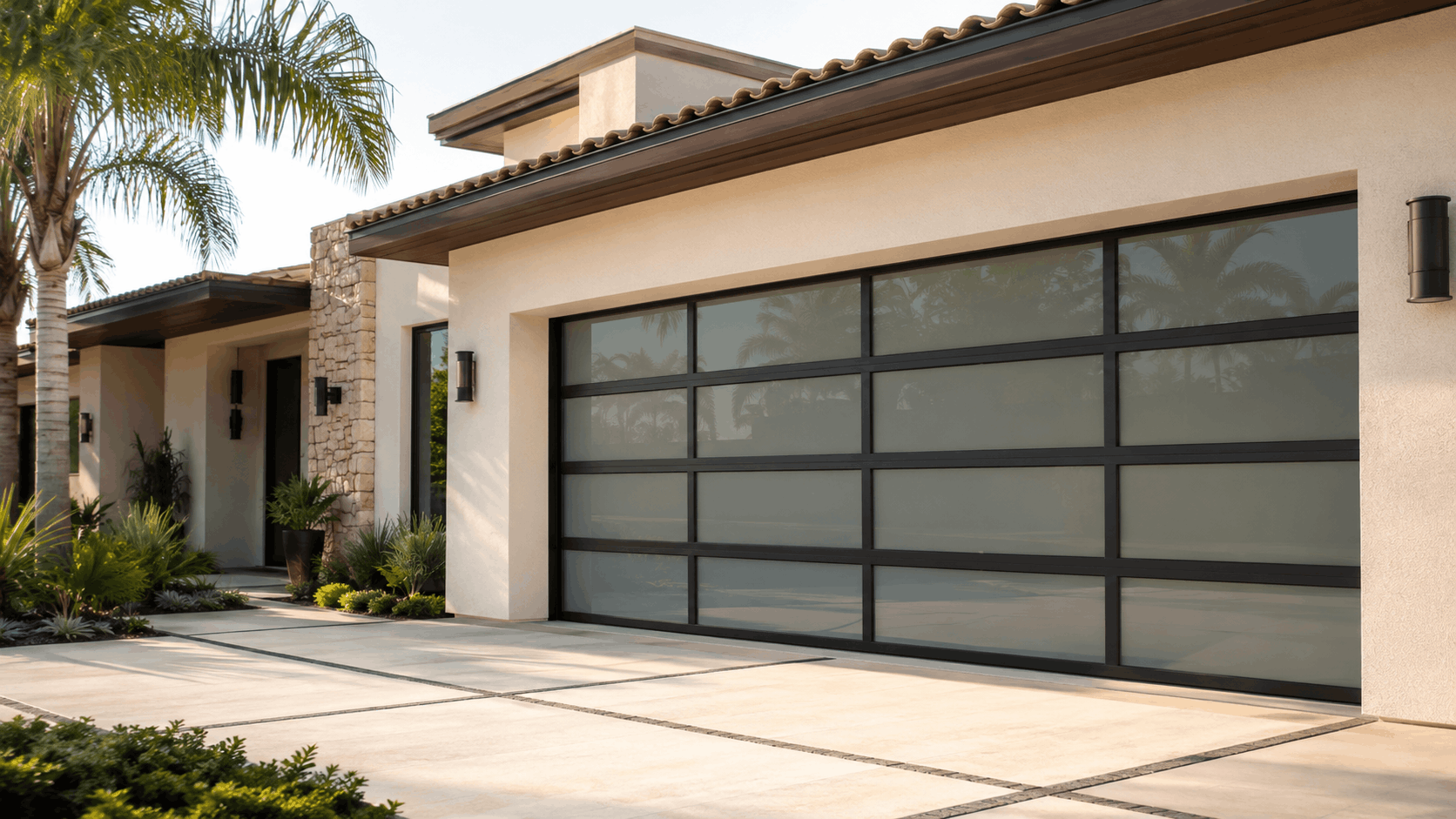 Modern full-view glass panel garage door on luxury Irvine home with black aluminum frame