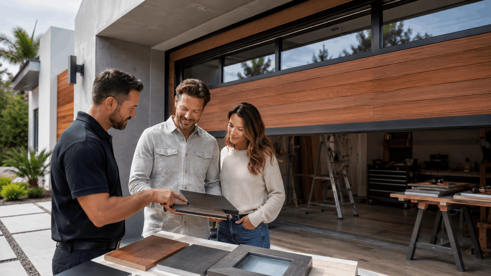 Garage door contractor showing material samples to homeowners outside modern Irvine home