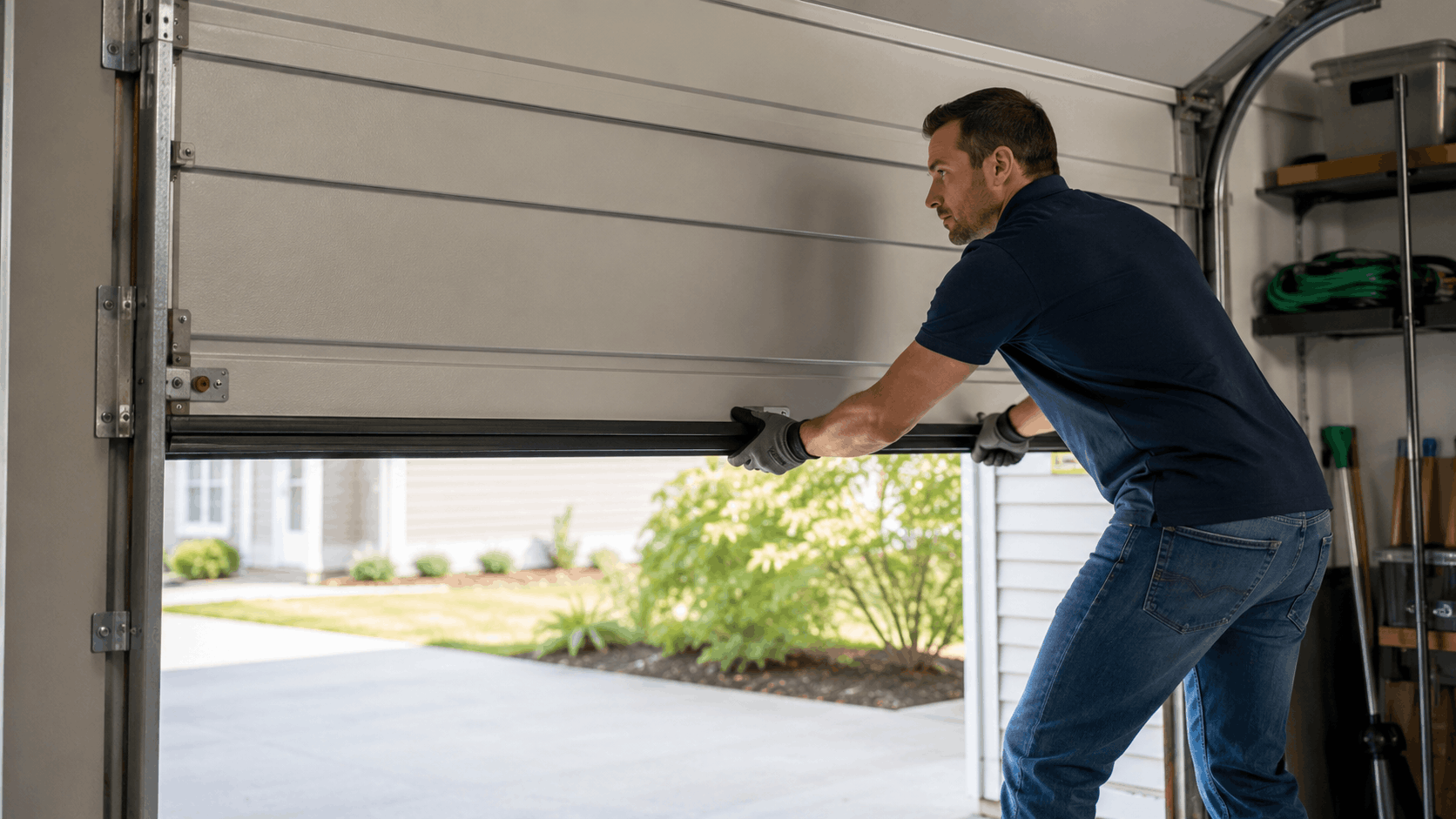 Man manually lifting garage door during power outage wearing work gloves in Irvine