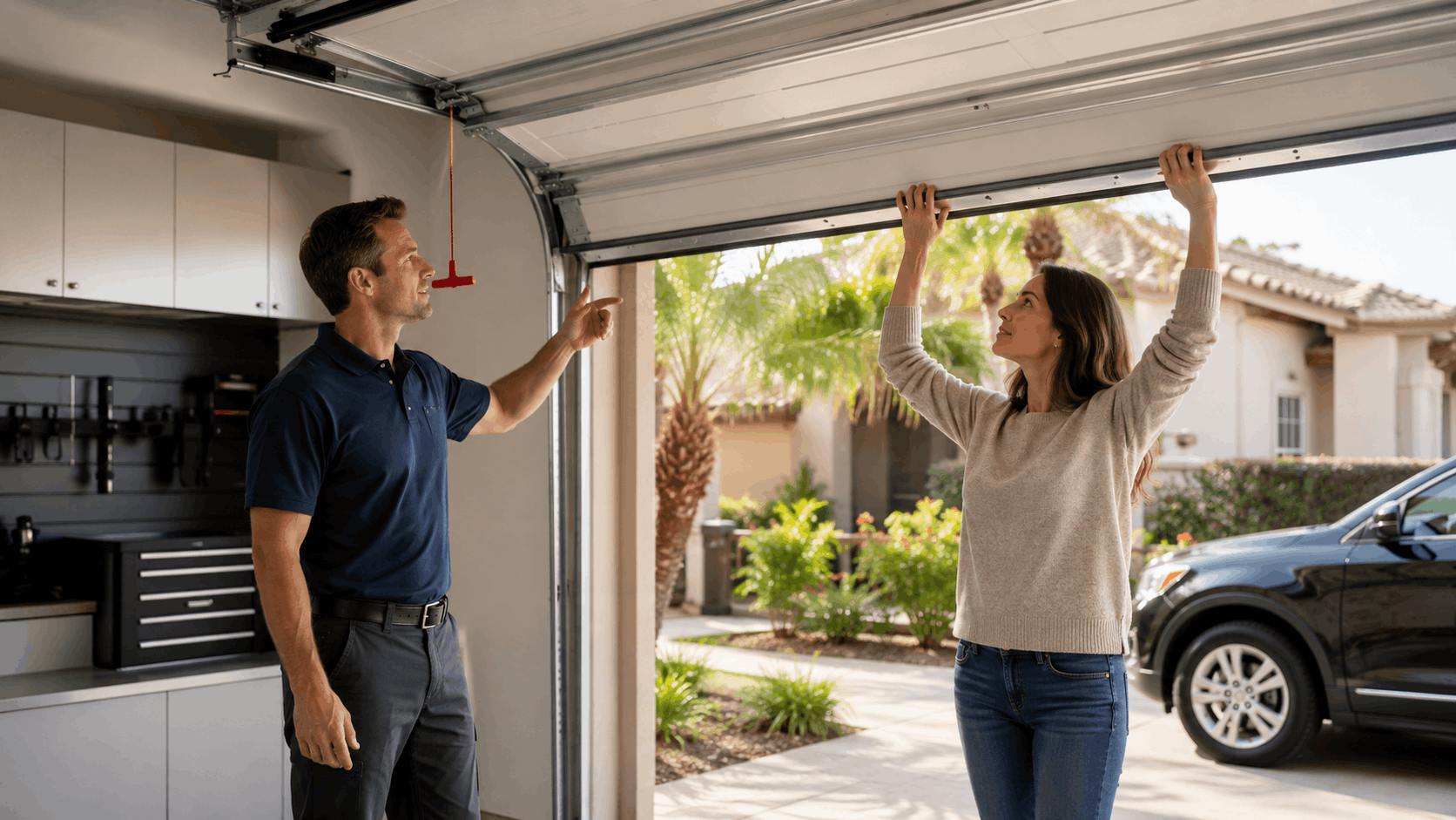 Homeowner pulling emergency release cord while technician explains garage door mechanism Irvine