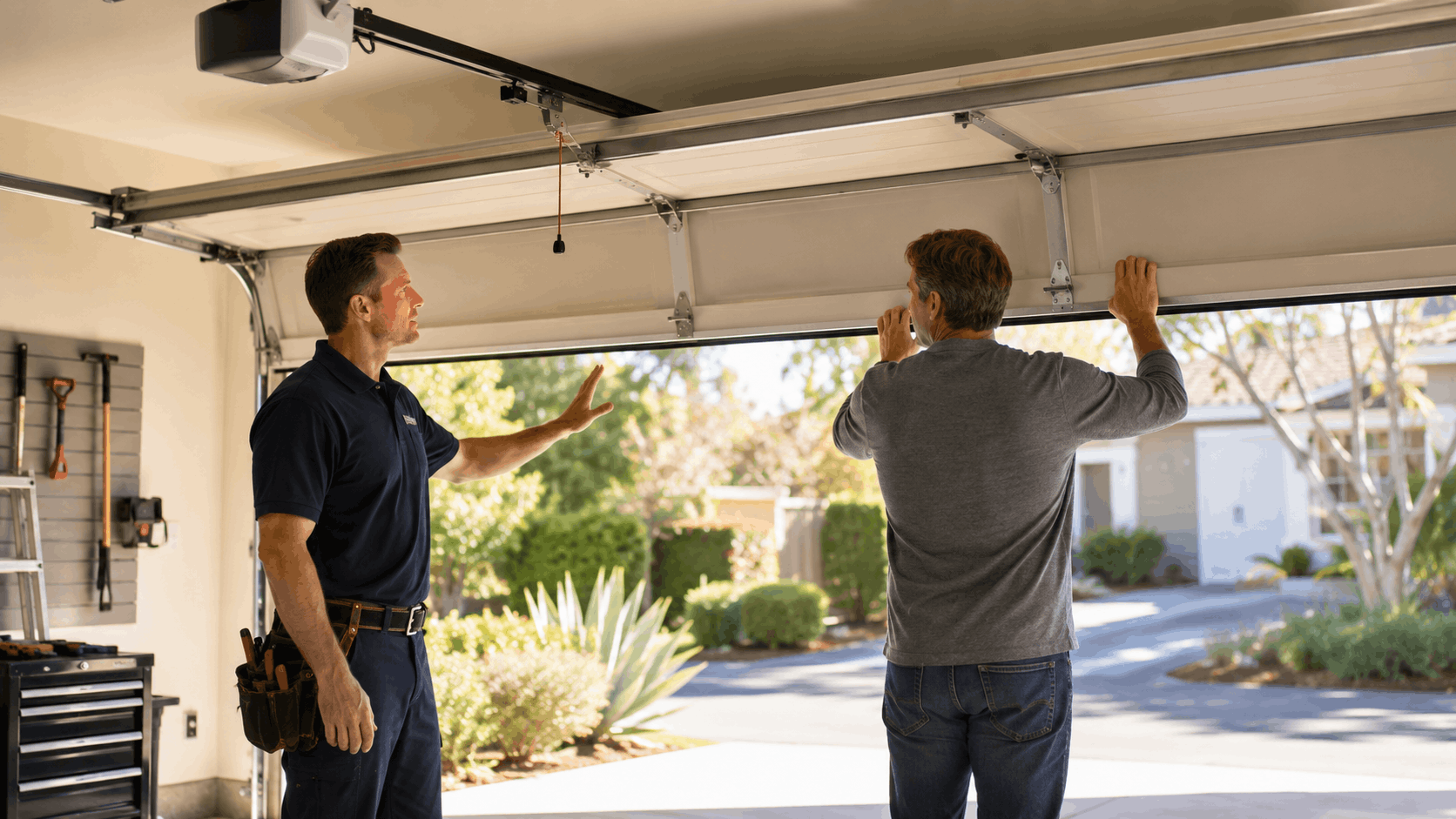 Garage door technician explaining manual door closing process to Irvine homeowner