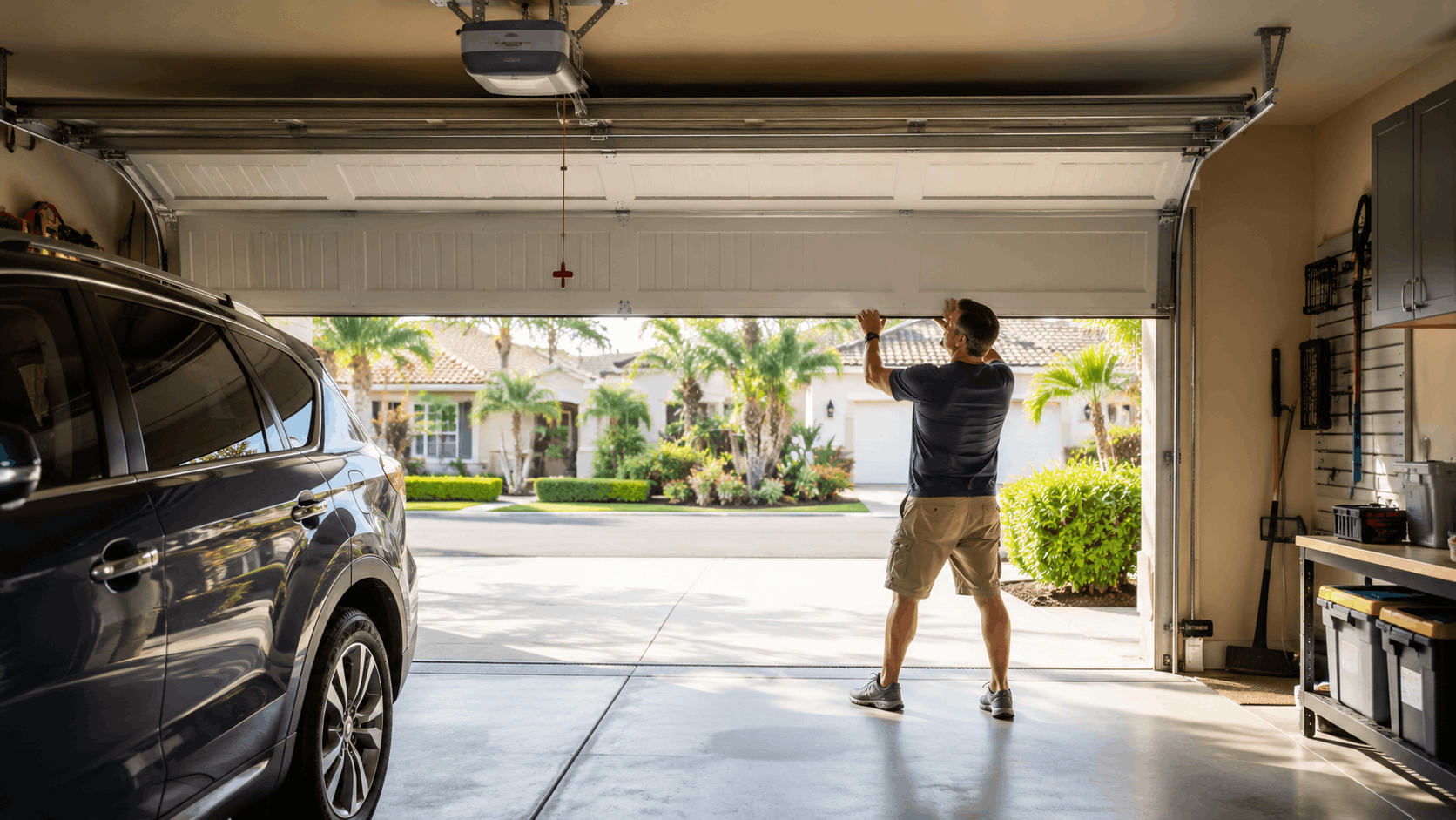 Man manually lifting garage door in suburban Irvine home to prevent future urgent issues