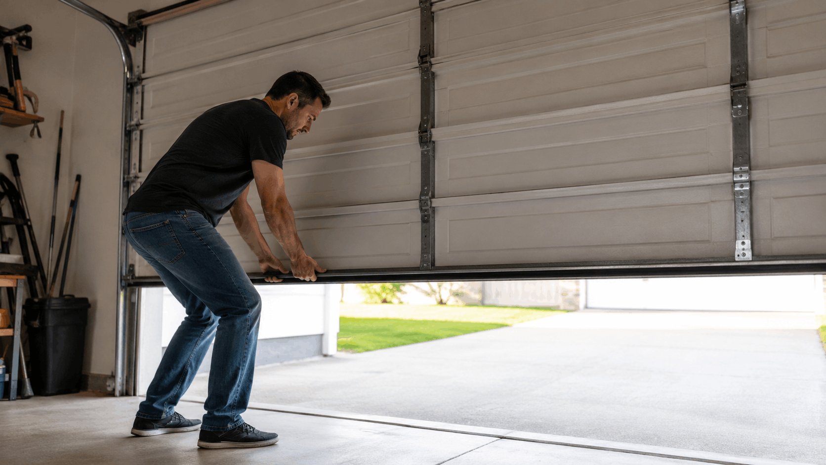 Man manually lifting a stuck garage door from inside in Irvine home