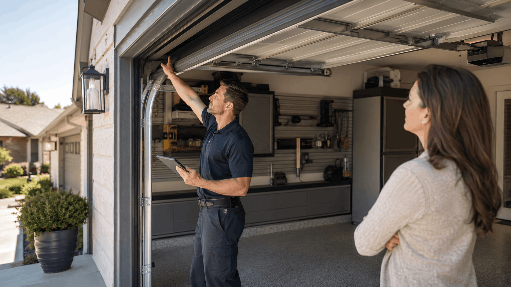 Garage door technician inspecting overhead door mechanism while homeowner watches in Irvine