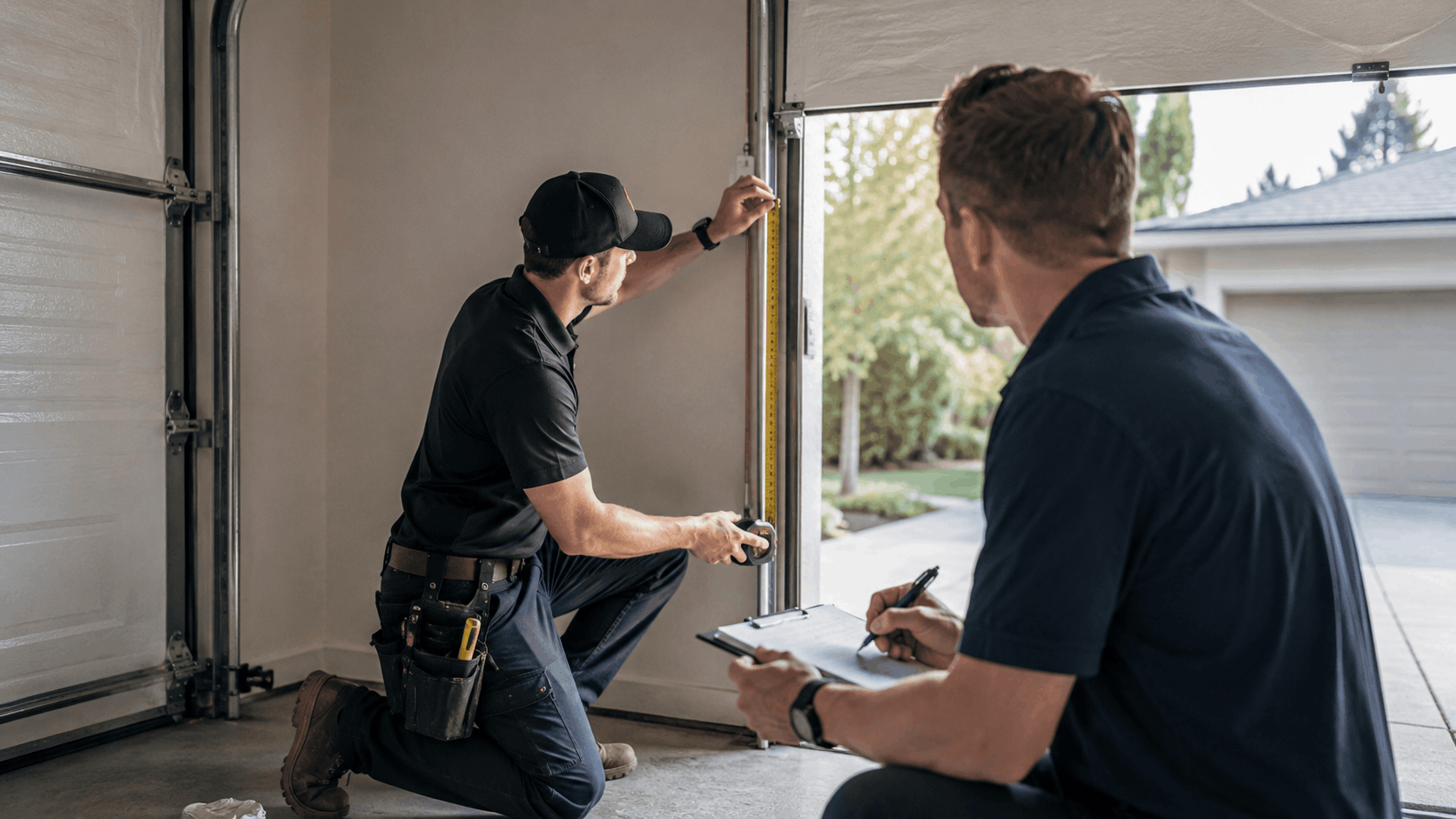 Garage door technician measuring door frame while inspector records notes on clipboard