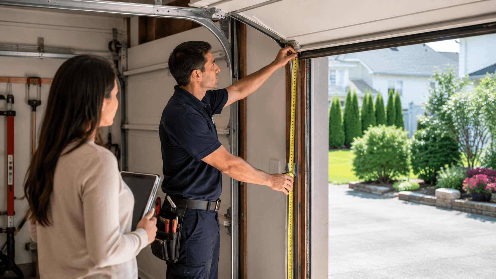 Garage door technician measuring door frame width with homeowner watching in Irvine