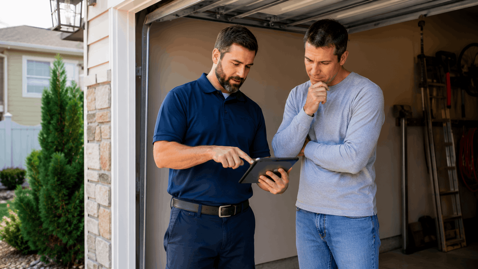Homeowner reviewing suspicious garage door quote on tablet with technician in Irvine driveway