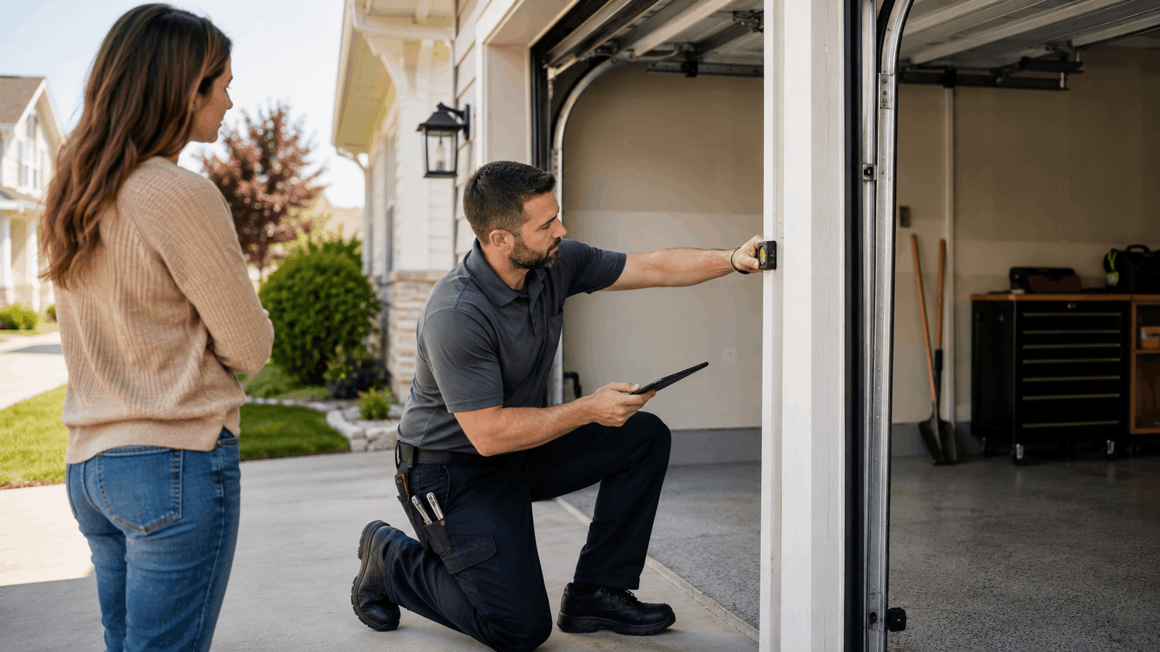 Garage door technician inspecting sensor while homeowner watches in Irvine driveway