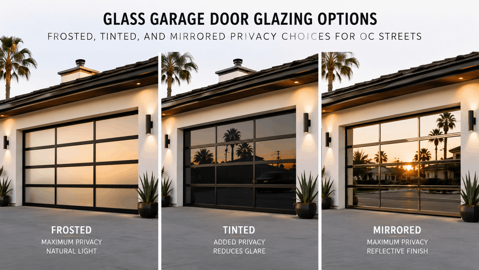 Three glass garage door glazing options: frosted, tinted, and mirrored on Orange County home